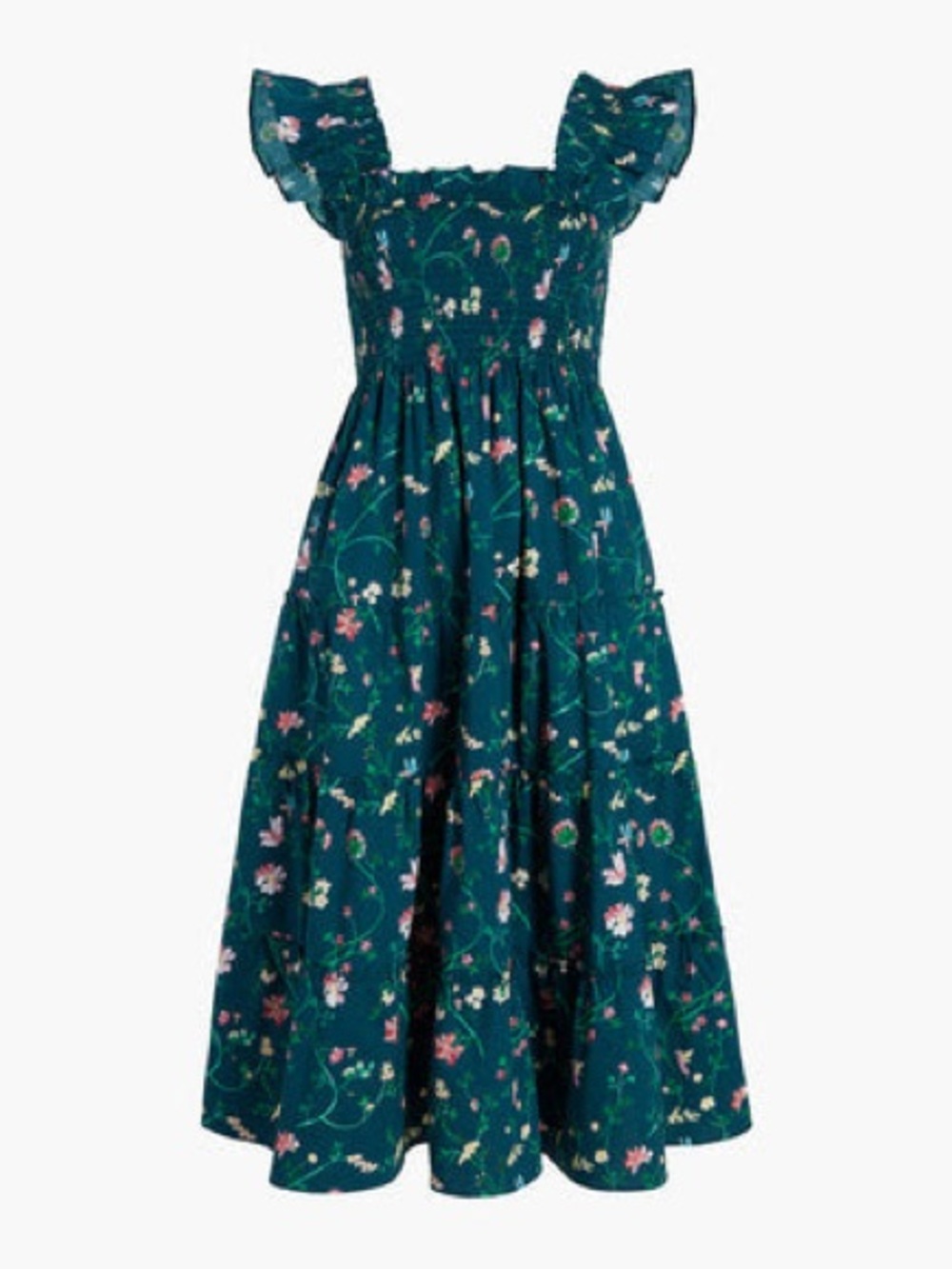 Hill House Ellie Dress- Teal Floral Midi Dress with Ruffle Straps